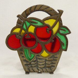 Vintage Cast Iron Faux Stained Glass Napkin Holder Fruit Basket Cherries Lemons